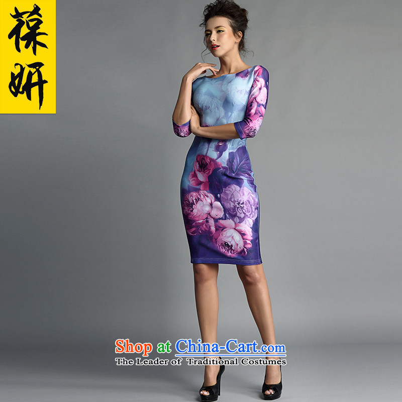 Charlene Choi 2015 autumn and winter, and always maintain the new national Wind Flower Stamp Sau San dresses qipao female?13 000-13 500 during?blue paintings air layer 1 for?XL