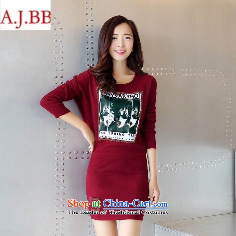 Orange Tysan *2015 fall inside the new Korean Beauty pattern stamp long-sleeved T-shirt with round collar knitting and package short skirt two kits FBH712 RED M,A.J.BB,,, shopping on the Internet
