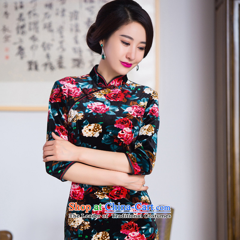 Floral Autumn Women's clothes Chinese Antique collar is pressed to improved Stretch Wool in long-sleeved cheongsam dress 7 Figure Color M floral shopping on the Internet has been pressed.