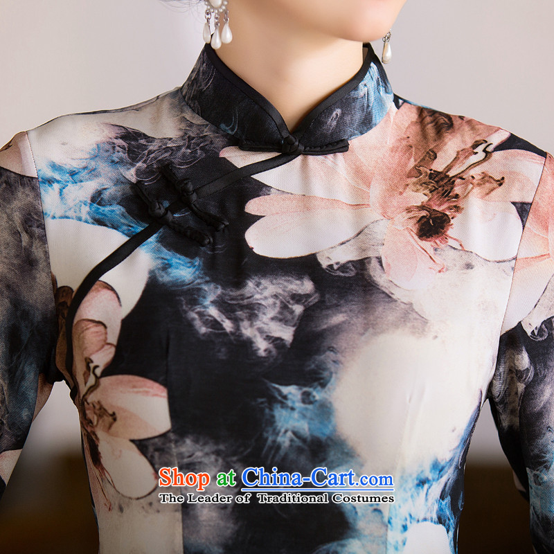 Floral Autumn Chinese Women's clothes retro Sau San Mock-neck 7 cuff cheongsam dress qipao paintings in improved silk figure color L, floral shopping on the Internet has been pressed.