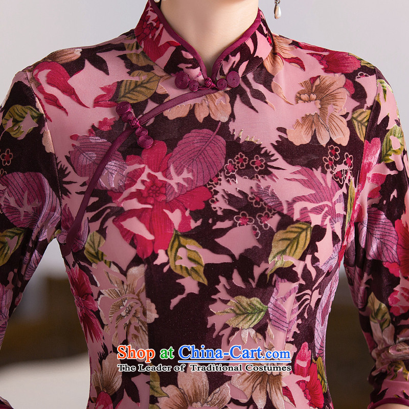 Floral Autumn Chinese Women's clothes improved collar retro qipao Stretch Wool 7 cuff embossing qipao skirt figure color M, floral shopping on the Internet has been pressed.