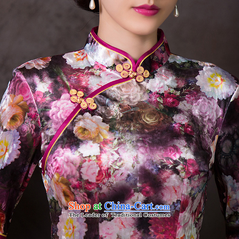 Take the new Figure Boxed Ms. Qiu retro short-sleeved gray velour stretch of Chinese cheongsam dress qipao as shown improved color S, floral shopping on the Internet has been pressed.