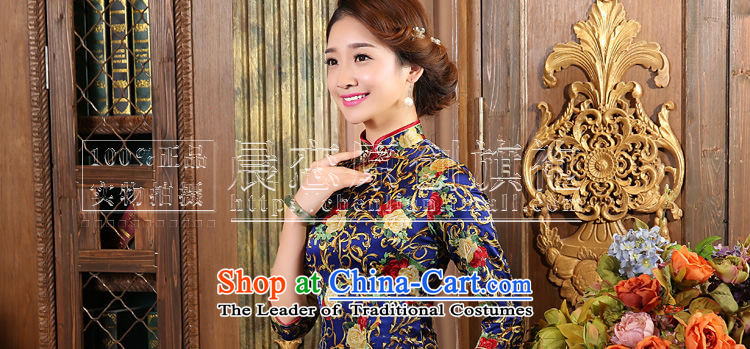 Land 2015 autumn morning new Stylish retro short, long-sleeved improved heavyweight silk cheongsam dress Blue Sapphire Blue 155/S picture, prices, brand platters! The elections are supplied in the national character of distribution, so action, buy now enjoy more preferential! As soon as possible.