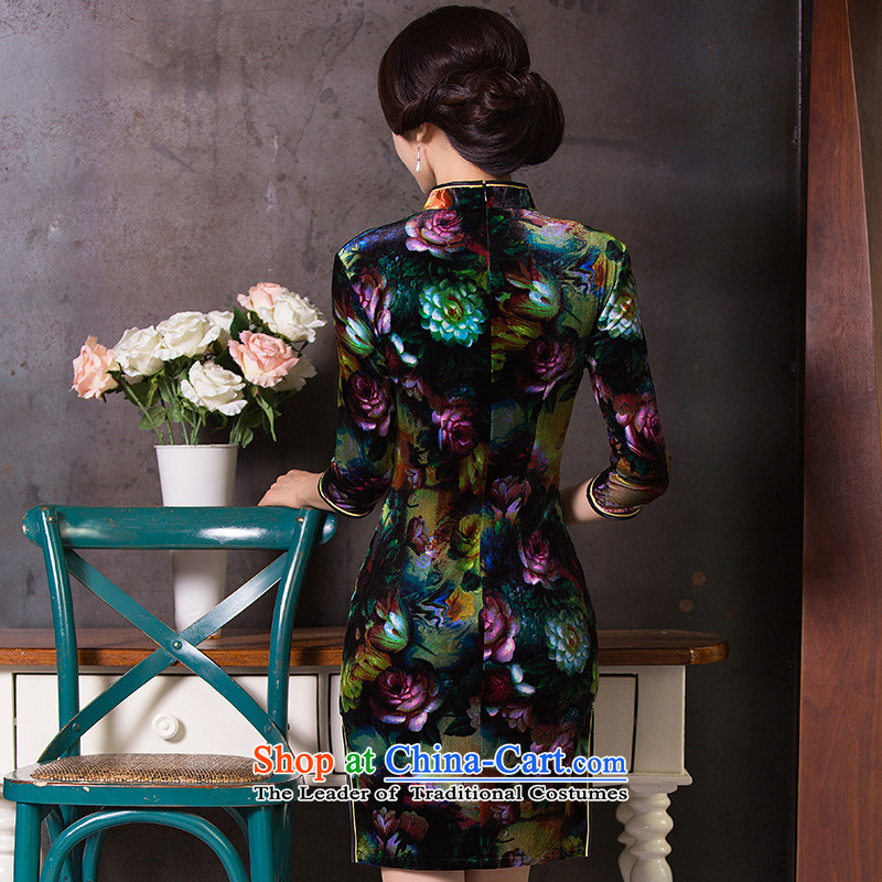 Floral autumn 2015 Women's clothes improved cheongsam dress Chinese Sau San velvet collar retro seven short-sleeved qipao figure color mosaic.... 2XL, shopping on the Internet