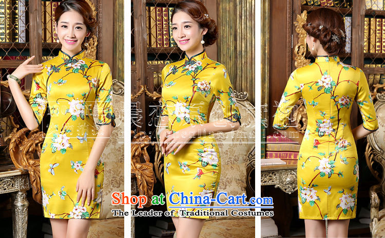 Morning spring and autumn 2015 Land New Stylish retro short, long-sleeved improved sauna silk cheongsam dress Nga Yun yellow L picture, prices, brand platters! The elections are supplied in the national character of distribution, so action, buy now enjoy more preferential! As soon as possible.