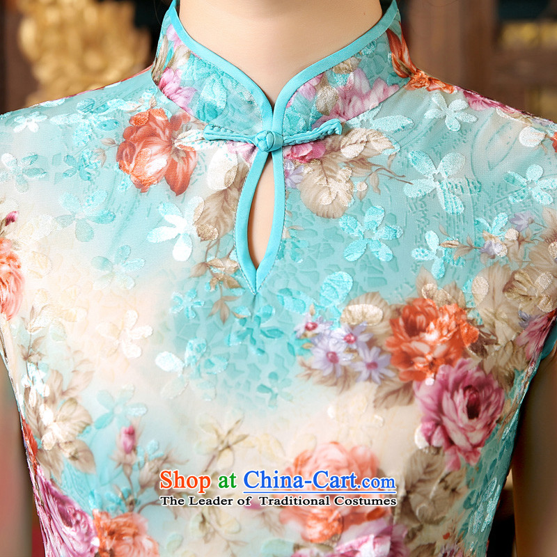Morning spring and autumn 2015 new land improvement and Stylish retro short-sleeved long wool cheongsam dress blue green light blue , L, morning land has been pressed shopping on the Internet