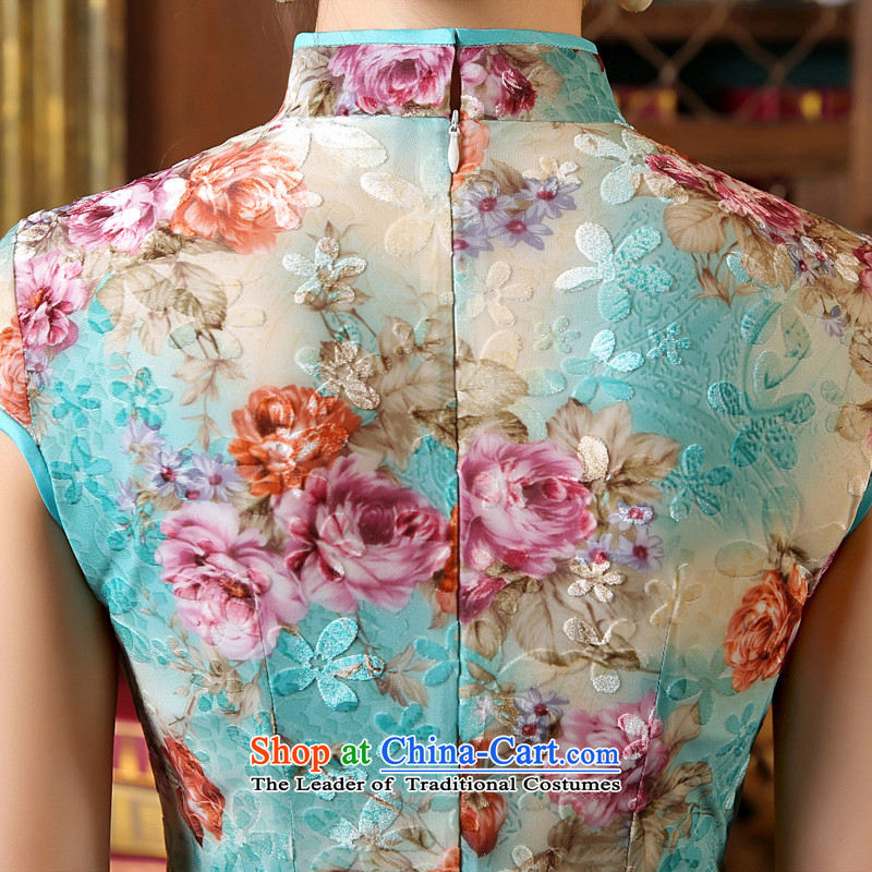 Morning spring and autumn 2015 new land improvement and Stylish retro short-sleeved long wool cheongsam dress blue green light blue , L, morning land has been pressed shopping on the Internet