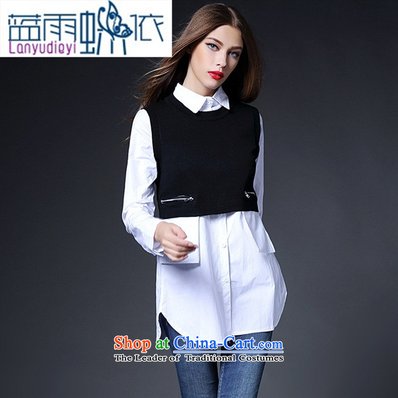 Ya-ting shop 2015 Early Autumn new women's western style shirt + knitted vests two kits VA87750 black rain butterfly according to blue S, shopping on the Internet has been pressed.