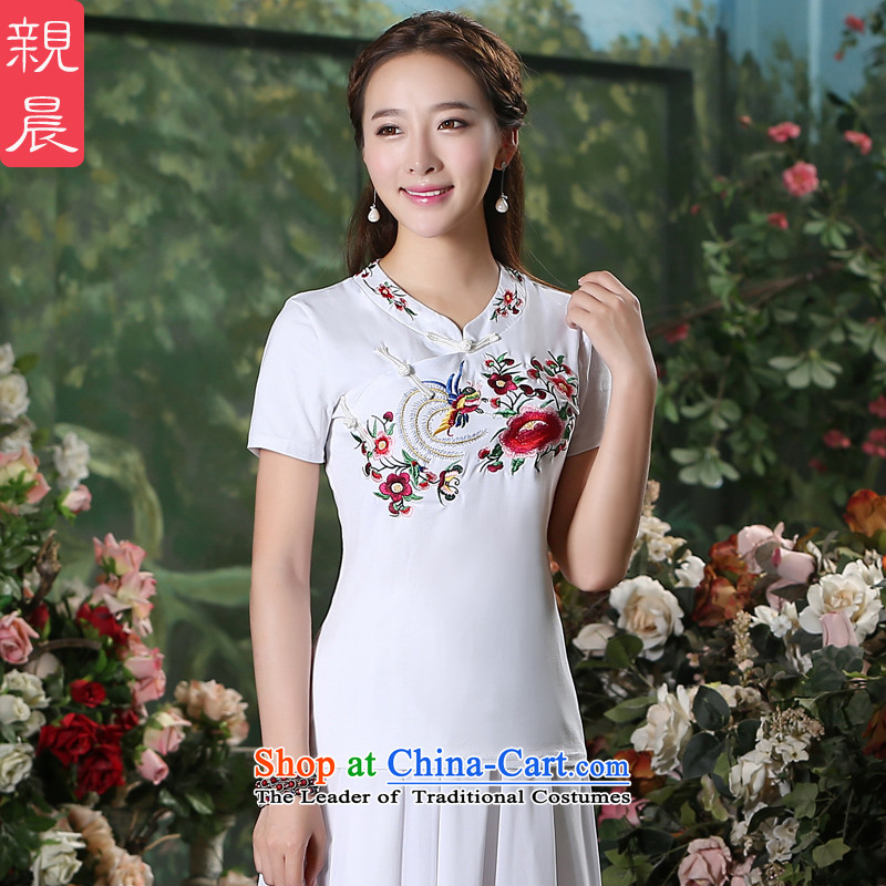 The pro-am daily improved Ms. cheongsam dress fall short-sleeved T-shirt with Chinese Antique style cotton qipao white shirts national?2XL