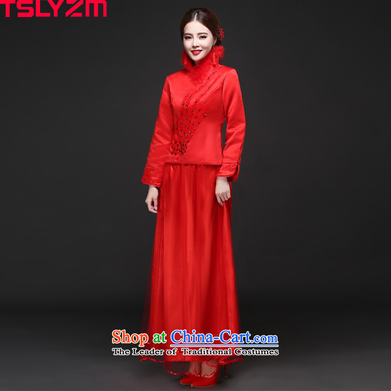 Toasting champagne service bridal dresses tslyzm long length of autumn and winter 2015 new long-sleeved gown Sau Wo marriage Chinese services for diamond red hair red XL