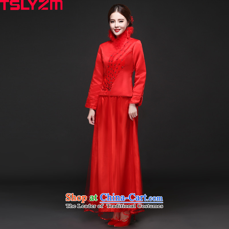Toasting champagne service bridal dresses tslyzm long length of autumn and winter 2015 new long-sleeved gown Sau Wo marriage Chinese services for diamond red hair red xl,tslyzm,,, shopping on the Internet
