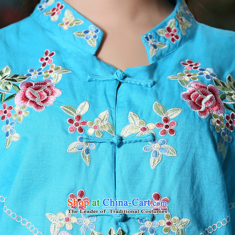 At 2015 new parent in the spring and autumn day-to-day large Loose Cuff ethnic retro Tang dynasty cotton linen clothes female blue qipao + North Pattaya yarn embroidery white trousers 2XL, pro-am , , , shopping on the Internet