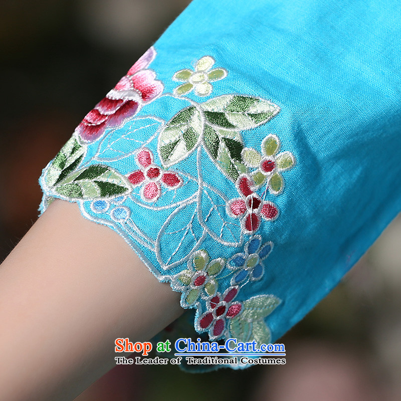 At 2015 new parent in the spring and autumn day-to-day large Loose Cuff ethnic retro Tang dynasty cotton linen clothes female blue qipao + North Pattaya yarn embroidery white trousers 2XL, pro-am , , , shopping on the Internet