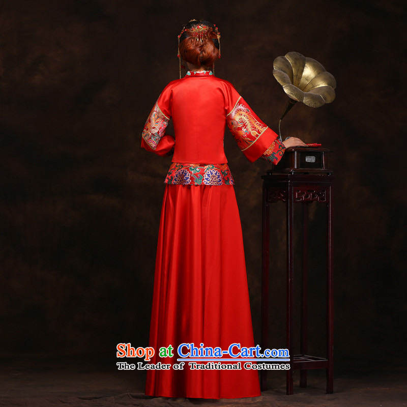 Time Syrian Chinese style wedding-soo wedding gown Wo Service Bridal pregnant women married long-sleeved red qipao gown longfeng use toasting champagne costume RED M Time Syrian shopping on the Internet has been pressed.