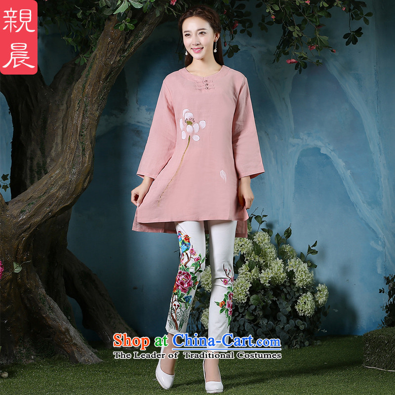 Ms. Tang dynasty morning pro-pack Everyday retro relaxd autumn large long-sleeved cotton linen, improvement of qipao short Chinese pink shirt + North Pattaya Elisabeth embroidered white trousers?M
