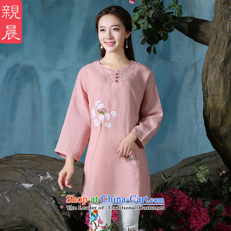 Ms. Tang dynasty morning pro-pack Everyday retro relaxd autumn large long-sleeved cotton linen, improvement of qipao short Chinese pink shirt + North Pattaya Elisabeth embroidered white trousers , M, PRO-AM , , , shopping on the Internet