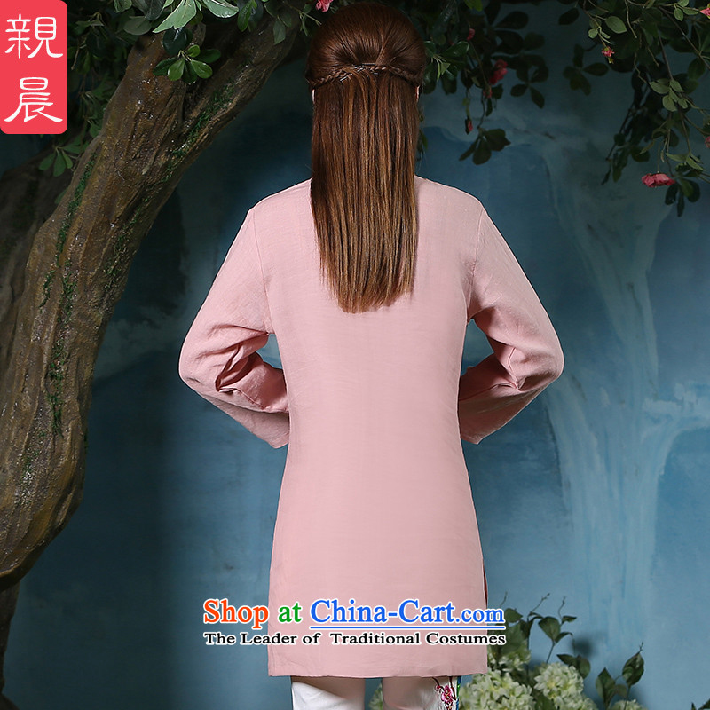 Ms. Tang dynasty morning pro-pack Everyday retro relaxd autumn large long-sleeved cotton linen, improvement of qipao short Chinese pink shirt + North Pattaya Elisabeth embroidered white trousers , M, PRO-AM , , , shopping on the Internet