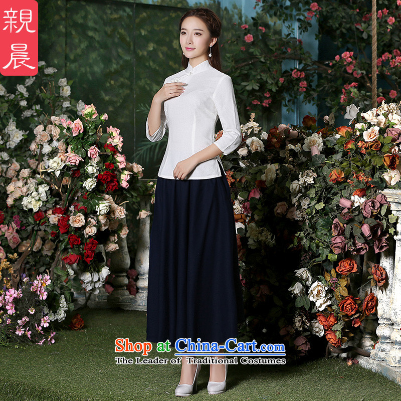 At 2015 new pro-summer daily retro style white short of improved cotton linen dresses female qipao T-shirt 7 Cuff + Hong Kong navy blue long skirt?M