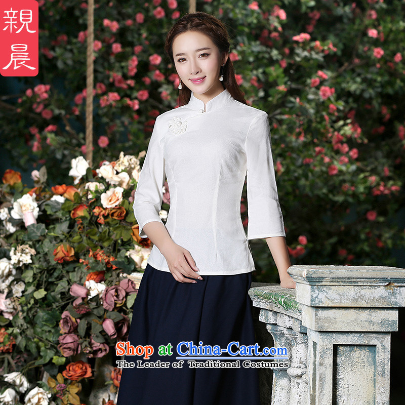 At 2015 new pro-summer daily retro style white short of improved cotton linen dresses female qipao T-shirt 7 Cuff + Hong Kong navy blue long skirt M, PRO-AM , , , shopping on the Internet