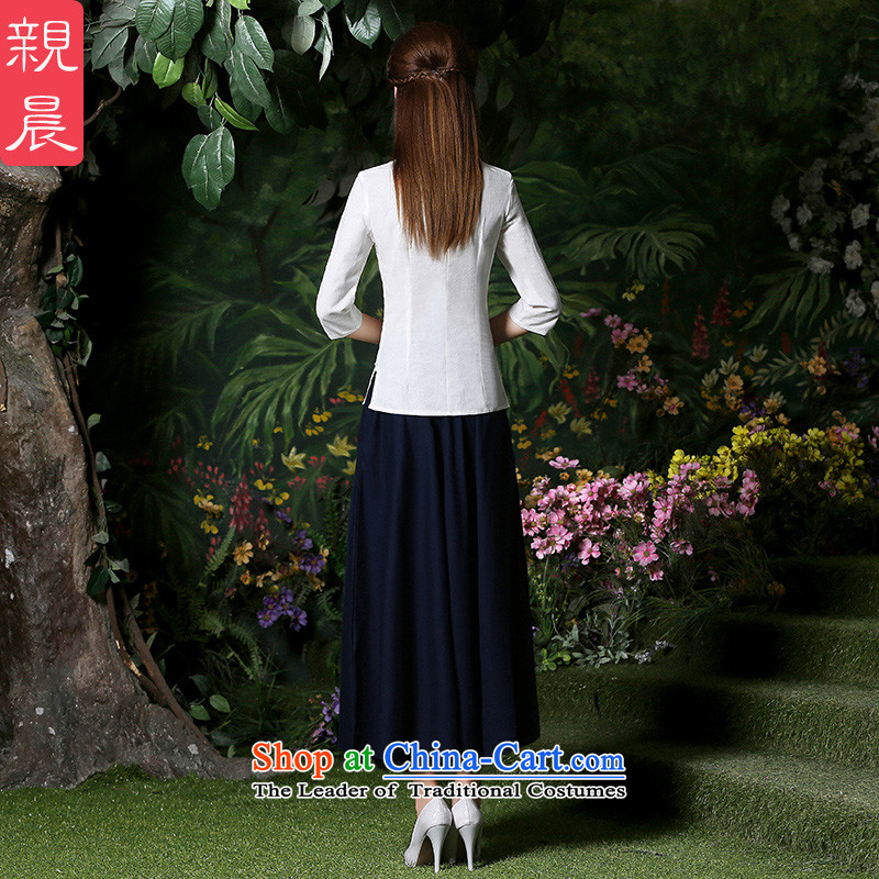 At 2015 new pro-summer daily retro style white short of improved cotton linen dresses female qipao T-shirt 7 Cuff + Hong Kong navy blue long skirt M, PRO-AM , , , shopping on the Internet