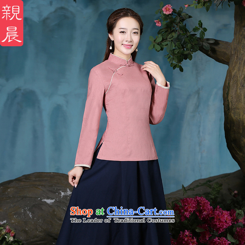 The new 2015 pro-morning cotton linen clothes female autumn and winter qipao of daily improved stylish Tang Dynasty Chinese Han-long-sleeved shirt + Hong Kong navy blue long skirt 2XL, pro-am , , , shopping on the Internet