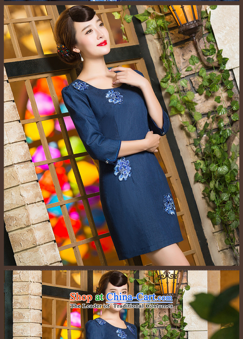 Eason Chan point cheongsam dress 2015 new fall 7 cuff stylish improved Tang Dynasty Chinese embroidered short, denim dress dark blue L picture, prices, brand platters! The elections are supplied in the national character of distribution, so action, buy now enjoy more preferential! As soon as possible.