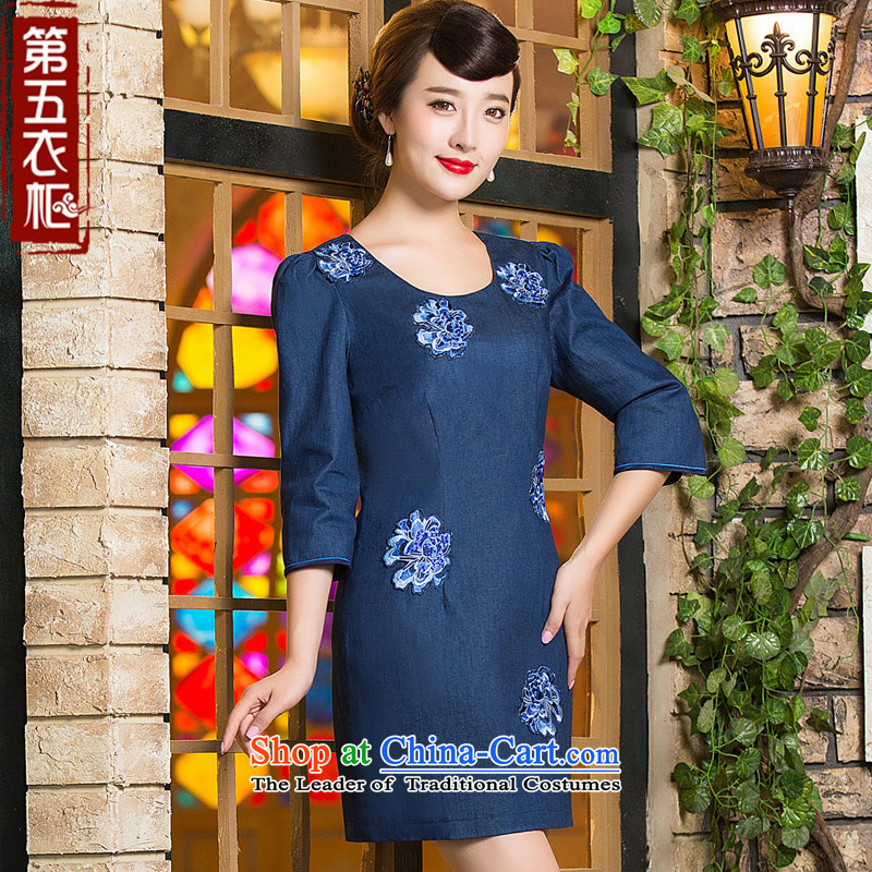 Eason Chan point cheongsam dress 2015 new fall 7 cuff stylish improved Tang Dynasty Chinese embroidered short, denim dress dark blue?L