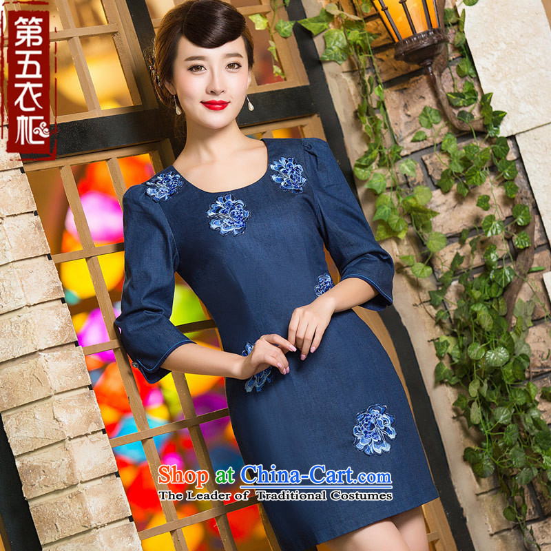 Eason Chan point cheongsam dress 2015 new fall 7 cuff stylish improved Tang Dynasty Chinese embroidered short, denim dress dark blue , L, Eason Chan point , , , shopping on the Internet