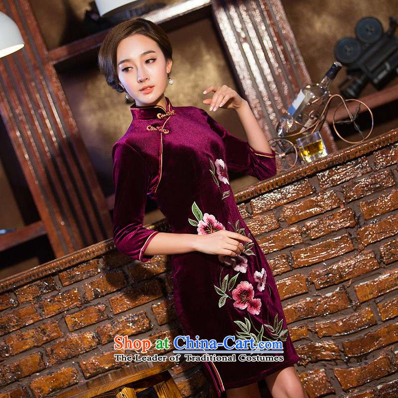 The Syrian Arab Republic  2015 Autumn time new stylish retro qipao Kim scouring pads in the dark red long 7 load cheongsam dress cuff mother deep red XL, Syria has been pressed time shopping on the Internet