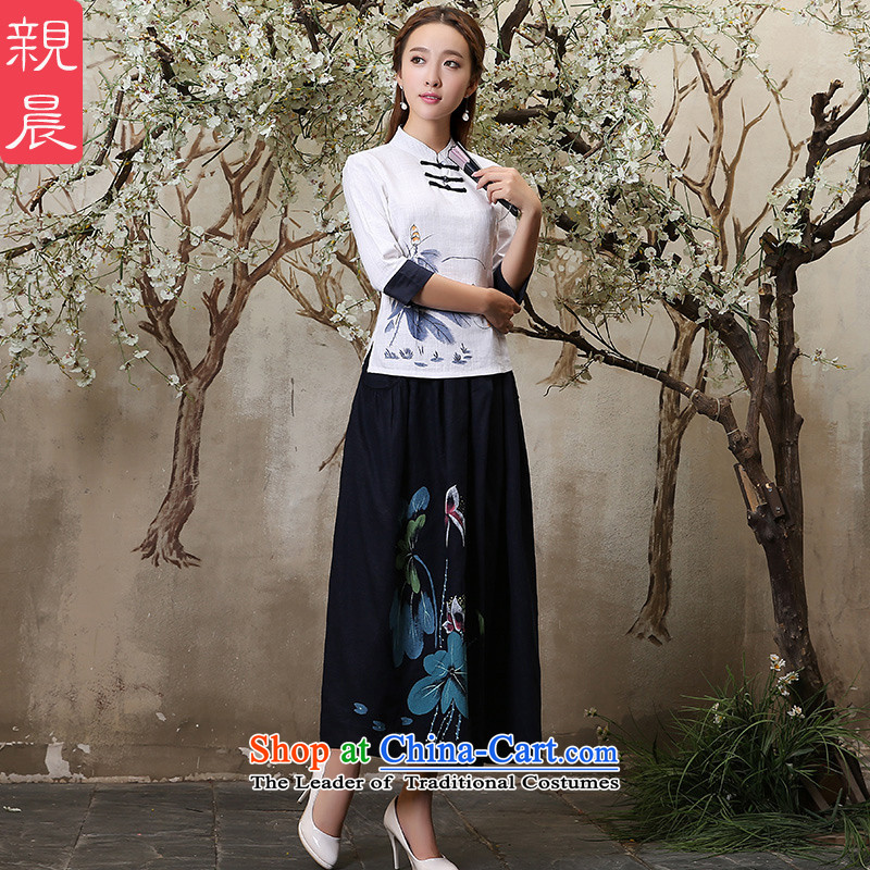The new 2015 pro-morning with cotton linen daily autumn improved fashion, cuff cheongsam dress dresses traditional Tang blouses shirt +P0016 navy blue long skirt?XL