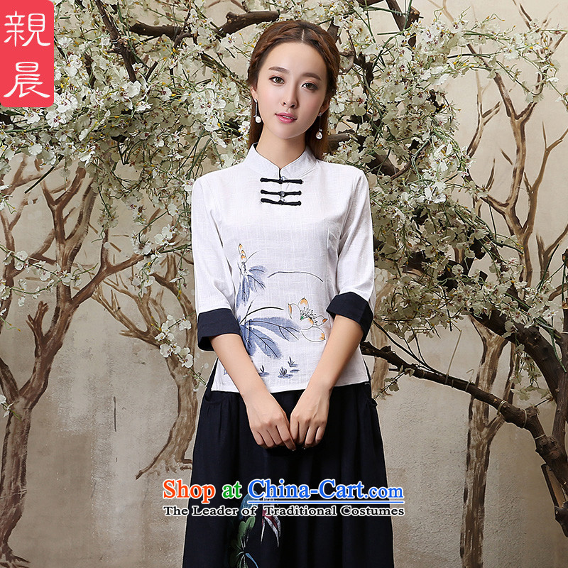 The new 2015 pro-morning with cotton linen daily autumn improved fashion, cuff cheongsam dress dresses traditional Tang blouses shirt +P0016 navy blue long skirt XL, pro-am , , , shopping on the Internet