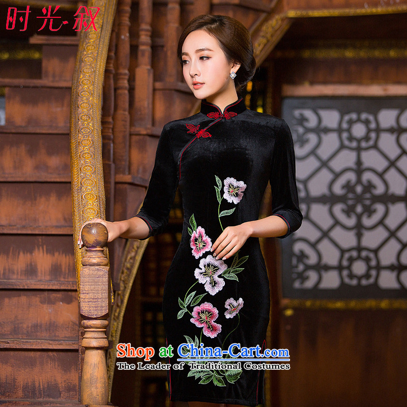 Time the? new 2015 Syria Kim qipao retro style, scouring pads long black embroidered 7 load cheongsam dress cuff mother?s black
