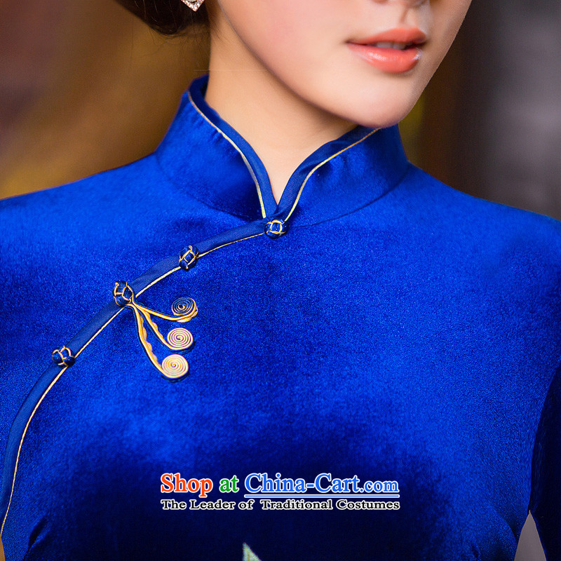 Time the  new 2015 Syria Kim scouring pads for autumn and winter Stylish retro qipao in long blue 7 cuff cheongsam dress mother blue XXL, time Syrian shopping on the Internet has been pressed.