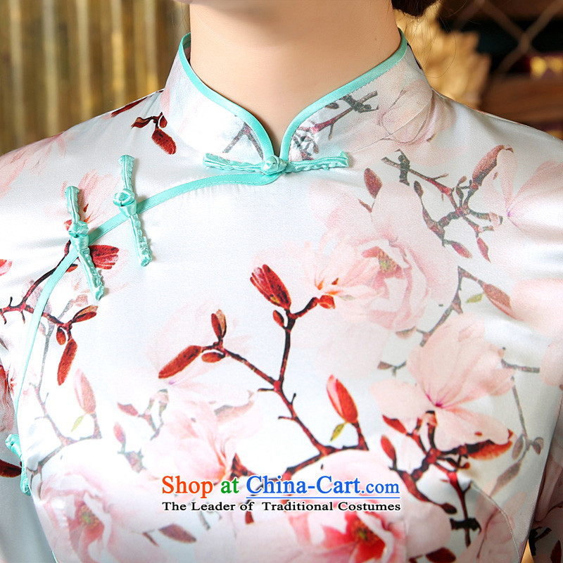 Morning New Autumn Love cheongsam with retro long improved stylish heavyweight silk cheongsam dress in Chinese cuff Magnolia Sky Blue , L, morning land has been pressed shopping on the Internet