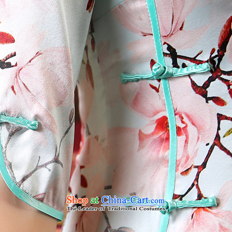Morning New Autumn Love cheongsam with retro long improved stylish heavyweight silk cheongsam dress in Chinese cuff Magnolia Sky Blue , L, morning land has been pressed shopping on the Internet