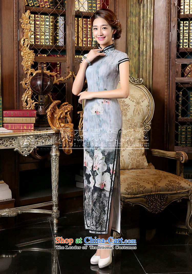 Morning new qipao land 2015 Autumn replacing retro long improved stylish Chinese cheongsam dress short-sleeved gray orchid gray XL Photo, prices, brand platters! The elections are supplied in the national character of distribution, so action, buy now enjoy more preferential! As soon as possible.