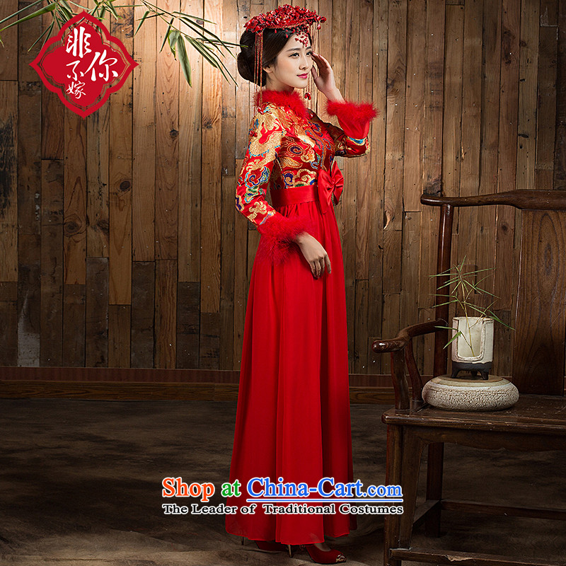 Non-you do not marry 2015 Autumn embroidery bows services bride cheongsam red pregnant women for larger wedding dress bridal dresses back door onto the skirt in E=long-sleeved waist long skirt cotton, M, non-you do not marry shopping on the Internet has b