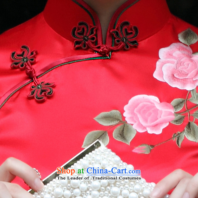 The Wu female red 2015 Summer new cheongsam improved silk pure handicraft embroidery red married women bows service sleeveless female Tang Red XL, Wu female red , , , shopping on the Internet