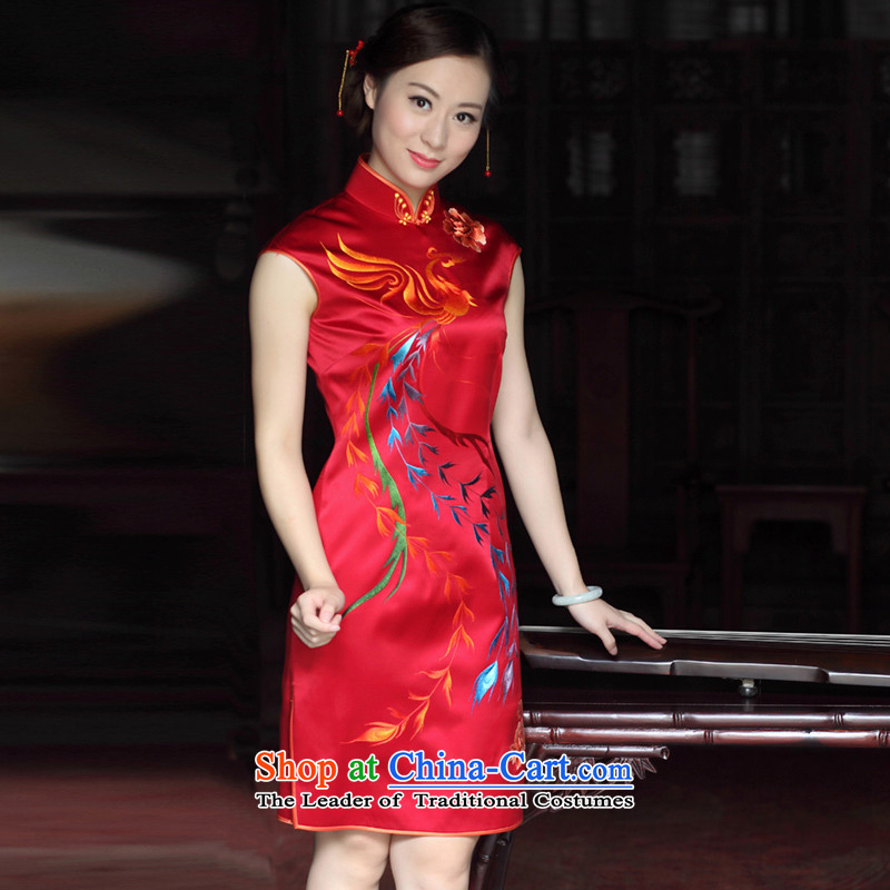 The Wu female red autumn 2015 new cheongsam improved silk pure handicraft embroidery red married women bows service sleeveless female Tang red , L, the Wu female red , , , shopping on the Internet