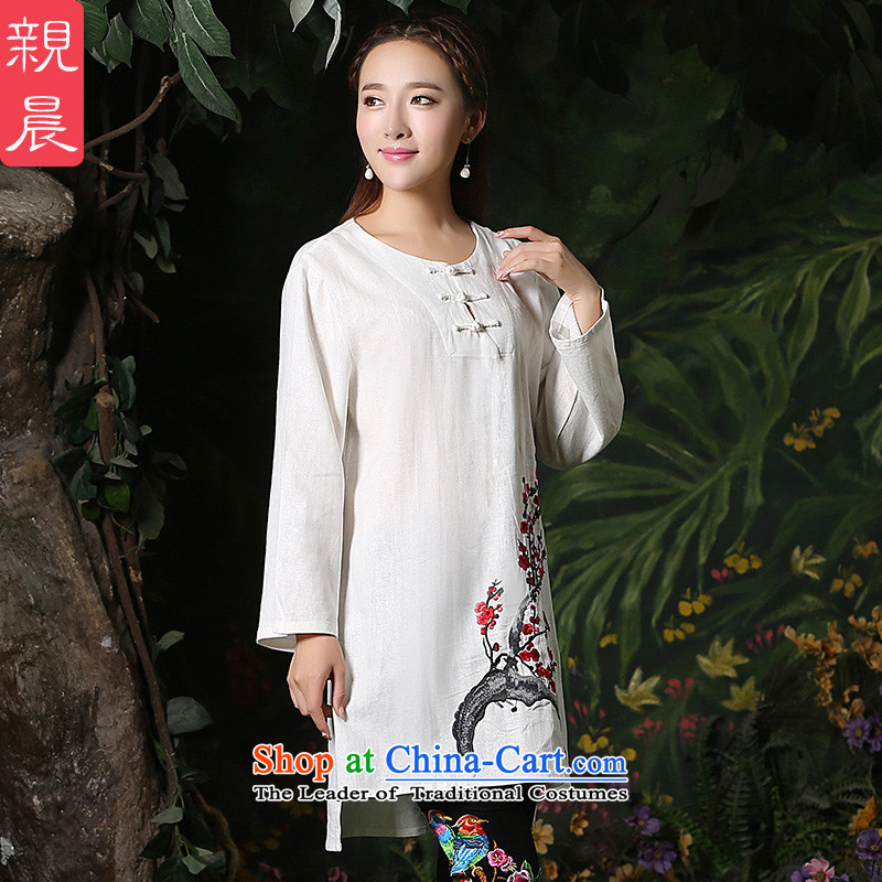 The new 2015 autumn and winter, cotton Linen Dress Shirt daily improvement qipao Stylish retro Tang dynasty improved long-sleeved white long-sleeved L, pro-President Chen has been pressed shopping on the Internet