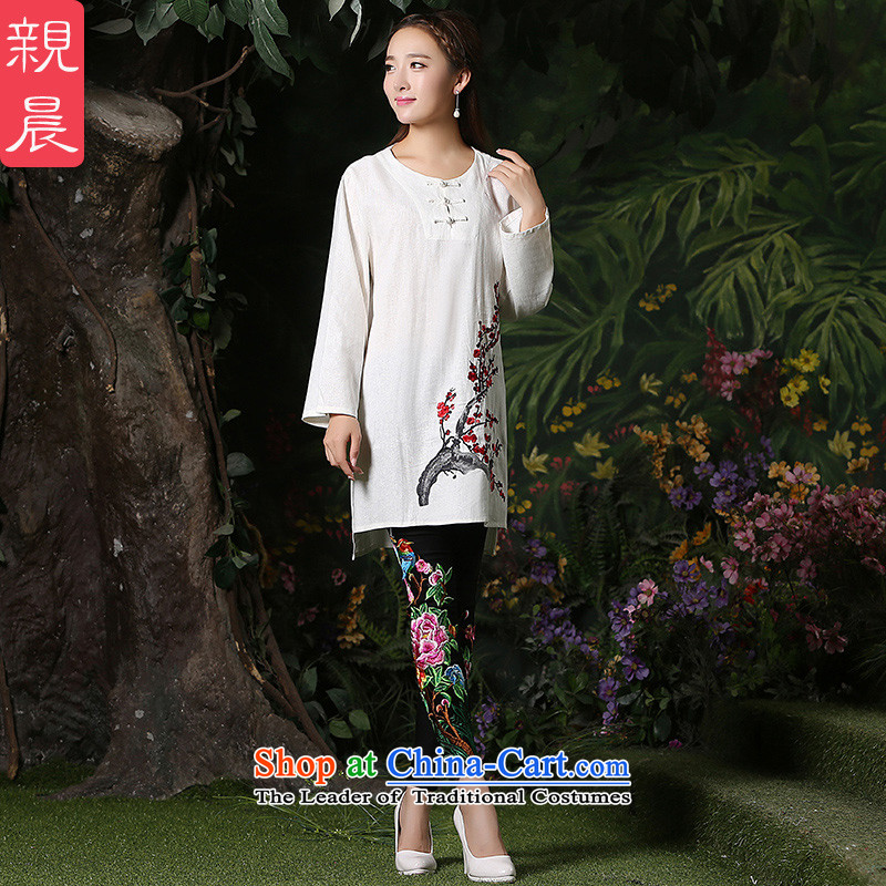 The new 2015 autumn and winter, cotton Linen Dress Shirt daily improvement qipao Stylish retro Tang dynasty improved long-sleeved white long-sleeved Ms.?XL