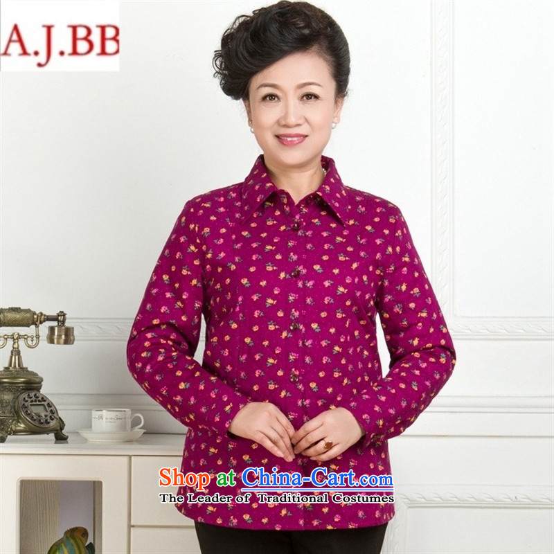 Orange Tysan _2015 Autumn In New Pure cotton shirts stamp older middle-aged women's long-sleeved shirt lapel thick red flowers with mother XXL