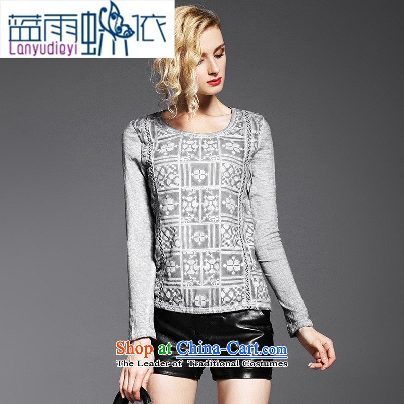 Ya-ting shop autumn and winter new women stitching round-neck collar long-sleeved leisure wild Ms. T-shirt, forming the Sau San WN11014 shirt Gray L, blue rain butterfly according to , , , shopping on the Internet