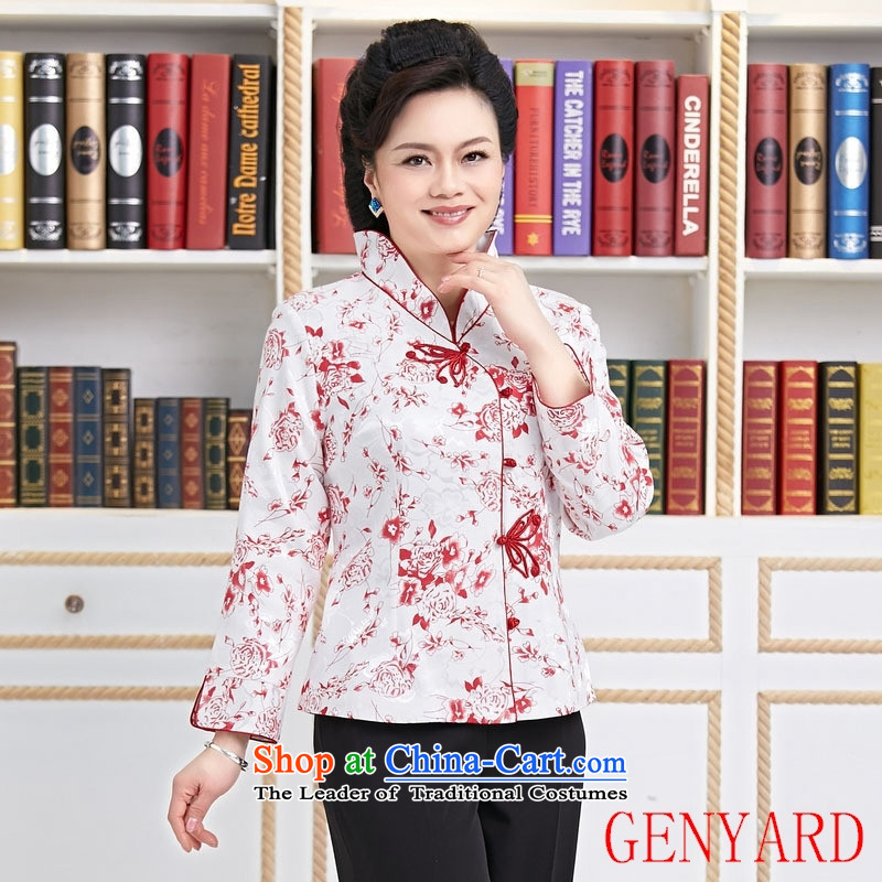 The elderly in the spring and autumn hotel GENYARD replacing workers serving tea attendants Tang Dynasty Chinese female resident tea master clothing long-sleeved blue flowers?L