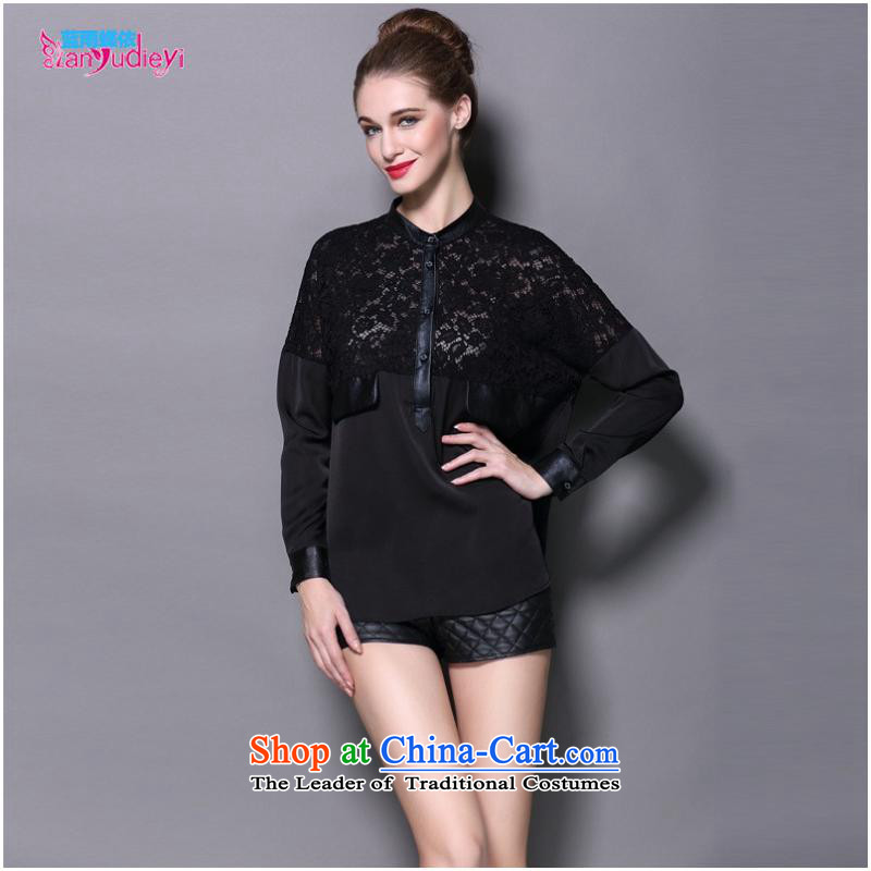 The Secretary for women involved in-store. Women in Europe and America with Ms. Qiu lace forming the Netherlands wild long-sleeved T-shirt leather stitching loose large black T-shirt , blue rain butterfly according to , , , shopping on the Internet