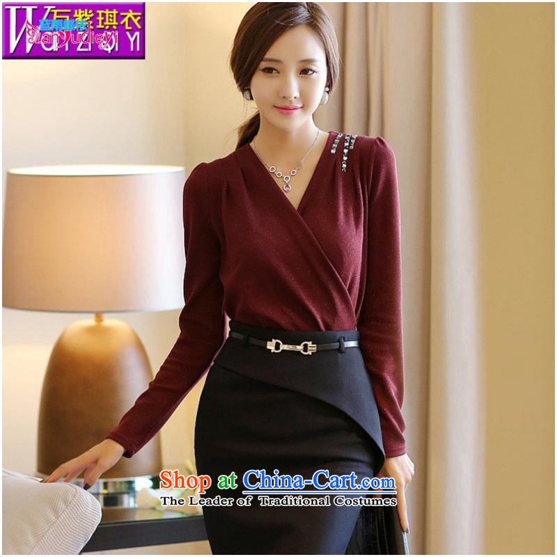 The Secretary for women shop .2015 involving new products fall Korean Couture fashion thin, long-sleeved sexy cross-V-Neck Sweater, forming the women's T-shirt , dark blue blue rain butterfly according to , , , shopping on the Internet