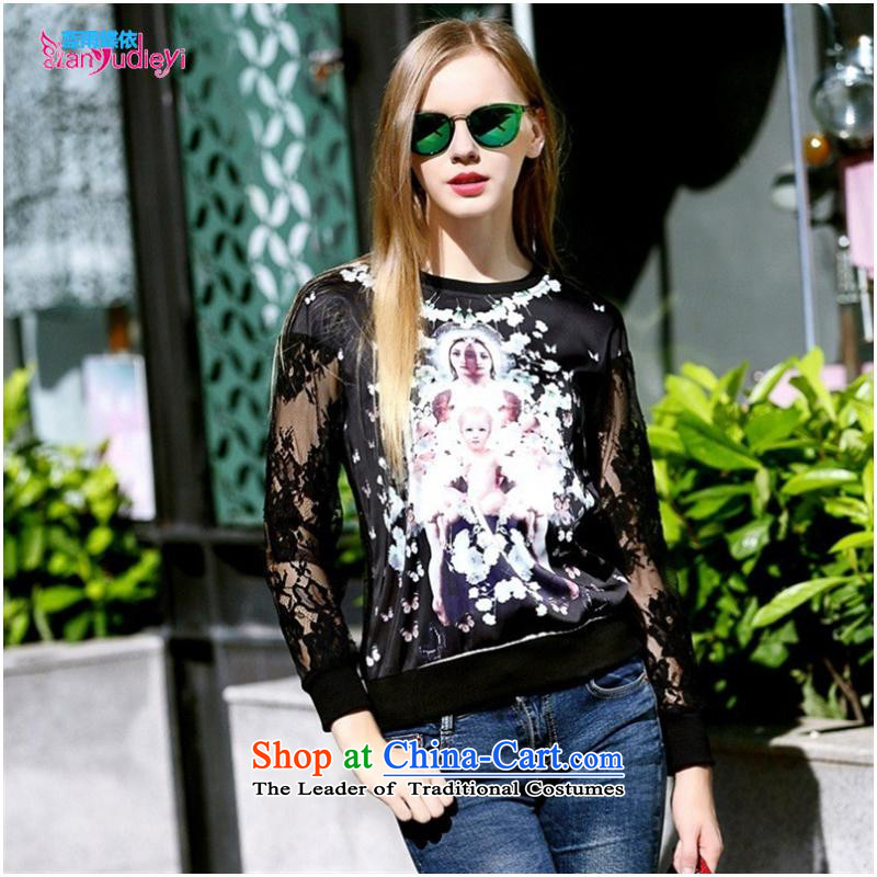 The Secretary for women shop .2015 involving fall of New Female European site stamp sweater round-neck collar engraving gauze Black XL, long-sleeved shirt with blue rain Butterfly Shopping on the Internet has been pressed.