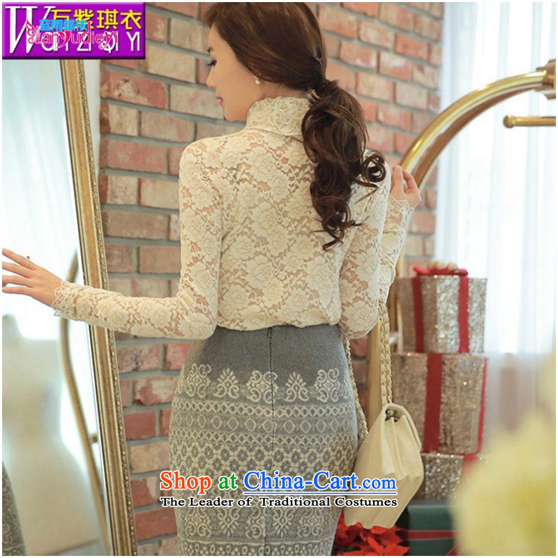 The Secretary for women shop .2015 involving fall of new wind aristocratic ladies check elegance flower engraving high collar forming the top female lace white shirt , L, blue rain butterfly according to , , , shopping on the Internet