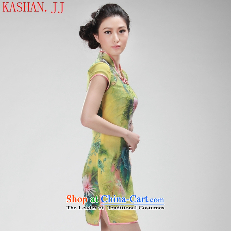 Mano-hwan's summer new Stylish retro improved silk cheongsam dress qipao daily Yellow M Card Shan (KASHAN.JJ CHRISTMASTIME) , , , shopping on the Internet