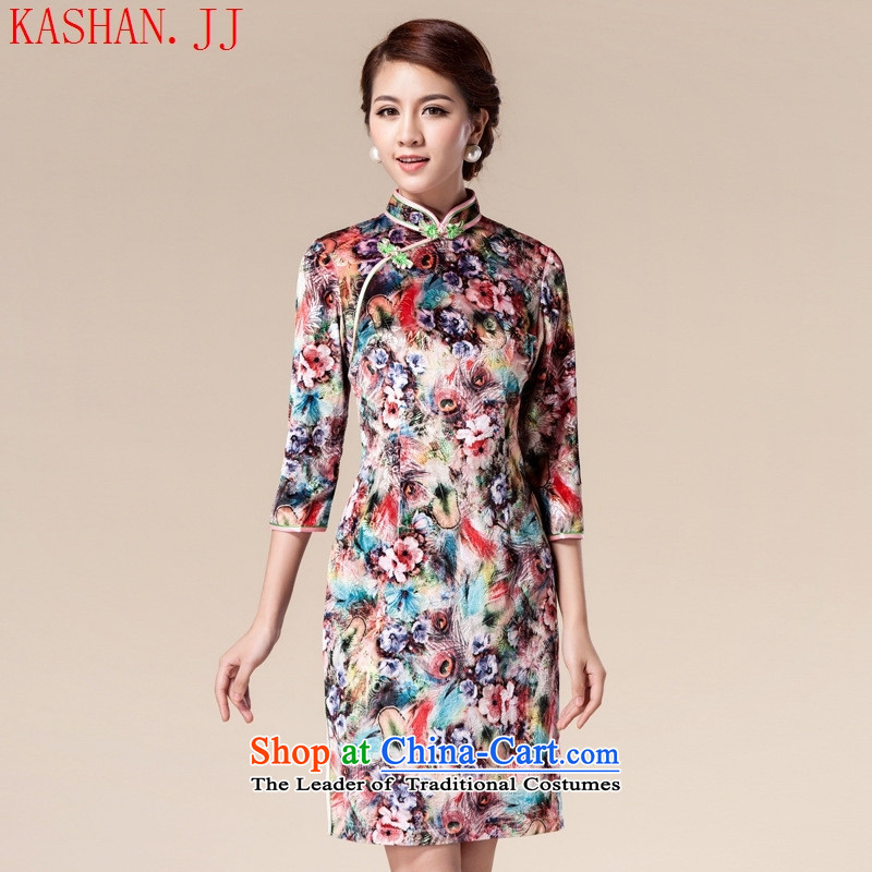 The spring and autumn's new-hwan Stylish retro short of improved velvet cheongsam dress MOM pack pink?M